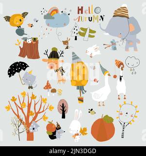 Set di fumetti d'autunno con animali e alberi divertenti Illustrazione Vettoriale