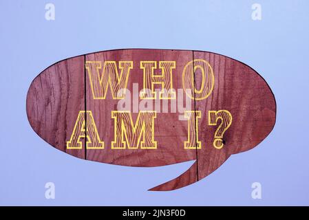 Text caption Presenting Who Am I. Word for introduct Identify yourself personality like Disgradispies profilo Crosed Speech Bubble with important message Foto Stock