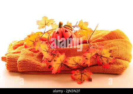 Composizione autunnale. Maglione in maglia di zucca e foglie d'autunno Foto Stock