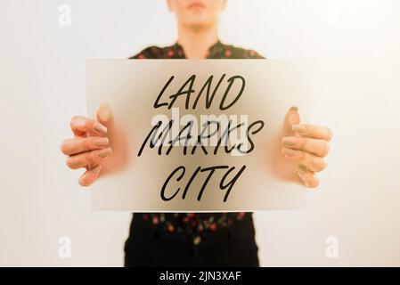 Cartello con scritto a mano Land Marks City. Business Concept importanti luoghi di architettura nelle città per visitare la donna mostrando Placard e presentare Foto Stock