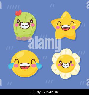 quattro icone dei personaggi felici delle emoji Illustrazione Vettoriale