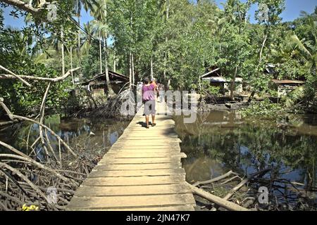 Gli abitanti del villaggio camminano su una passerella di legno costruita sopra la zona umida costiera nel villaggio di Horale, Seram Utara Barat, Maluku Tengah, Maluku, Indonesia. Foto Stock