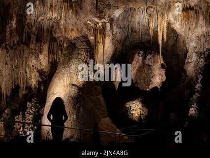 Silhouette di donna in Big Room, Carlsbad Caverns National Park, New Mexico, USA Foto Stock