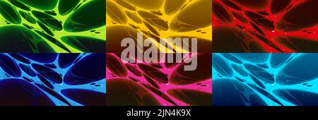 Tessuto sclime appiccicoso di colore verde, rosso, blu, giallo, rosa. Illustrazione cartoon di liquido fondente sostanza stretching e incandescente. Sfondo per la trasformazione magica super potenza nel gioco Illustrazione Vettoriale