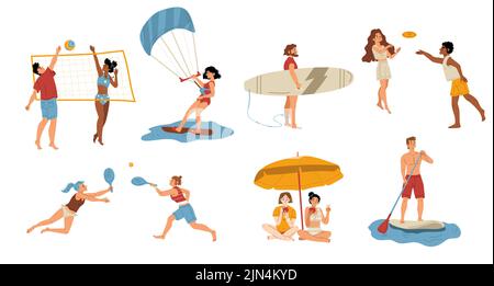 I giovani che hanno un riposo attivo sulla spiaggia piatta set di carattere isolato su bianco. Illustrazione vettoriale di uomini e donne felici che giocano a pallavolo, frisbee, tennis, surf, paddle boarding. Vacanze estive Illustrazione Vettoriale