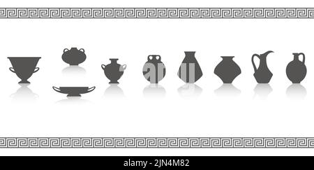 Silhouette di vasi greci. Anfore antiche e pentole glifo illustrazione. Terracotta di ceramica di argilla. Vettore Illustrazione Vettoriale