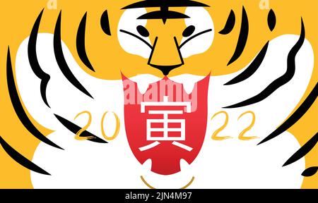 Felice Capodanno cinese 2022 o Lunar Capodanno illustrazione vettoriale. Festeggiamo l'anno della tigre. Animale dallo zodiaco cinese. Tiger testa in primo piano. Illustrazione Vettoriale