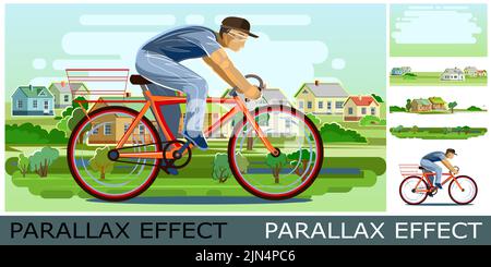 L'uomo anziano corre in bicicletta. Sport urbani. Immagine da livelli per sovrapposizione con effetto parallasse. Fitness e stile di vita sano. Stile cartoon piatto. In bicicletta Illustrazione Vettoriale