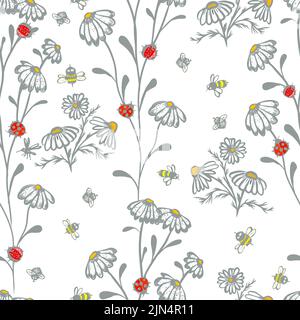 Pattern senza giunture di camomilla , api e ladybugs . Illustrazione vettoriale Illustrazione Vettoriale
