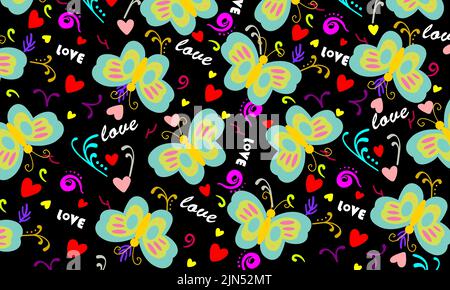 Rosso giallo cuore farfalla colorata e amore senza cuciture pattern. Cute insetti cartoni animati isolati su sfondo nero. Illustrazione dello sfondo vettoriale. Illustrazione Vettoriale