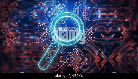 Immagine della lente d'ingrandimento con testo di comunicazione sulla scheda a circuiti stampati del computer Foto Stock