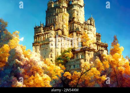 Quadri fantasy di un castello circondato da alberi autunnali con sfondo cielo blu. Foto Stock