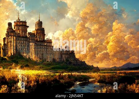 Quadri fantasy di un castello con un cielo dorato sfondo. Foto Stock