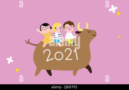 Anno della carta di bue 2021, bue che porta un gruppo di bambini sulla sua schiena, nuova carta di anno cinese Illustrazione Vettoriale