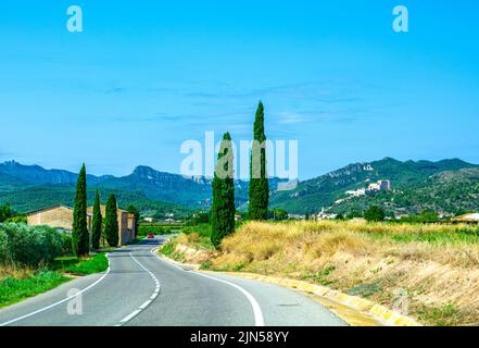 Villaggio Miravet in Catalogna, Spagna. Sito del castello di Miravet dei cavalieri templari Foto Stock