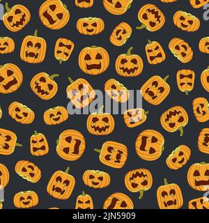 Motivo senza cuciture con zucche di Halloween intagliate. Sfondo vettoriale colorato. Illustrazione Vettoriale