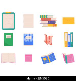 Set di libri colorati. Libri in pila, aperti, in gruppo, chiusi. Imparare e studiare. Illustrazione Vettoriale