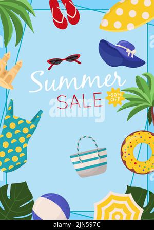 Vendita estate web banner design. Promozione stagionale estiva con elementi da spiaggia come costume da bagno, palla da spiaggia e infradito Illustrazione Vettoriale