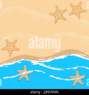 Illustrazione con mare, onde, spiaggia e stelle marine. Sfondo vettoriale marino. Illustrazione Vettoriale