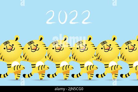 Felice anno cinese nuovo di lunare nuovo anno biglietto d'auguri o banner orizzontale. Anno della tigre 2022. Carino zodiac tigri ballare insieme. Illustrazione Vettoriale