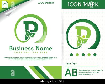 Lettera naturale p con logo a foglia colorata Illustrazione Vettoriale