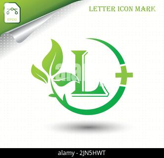 Lettera L con modello vettoriale foglia verde Illustrazione Vettoriale