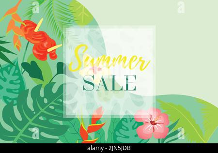 Modello vettoriale di vendita estiva, estiva o estiva per banner o poster con cornice. Foglie tropicali, piante tropicali e fiori. Illustrazione Vettoriale