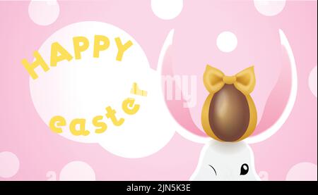 Felice Pasqua vettore saluti illustrazione di sfondo. Testa conigliata di Pasqua con un uovo di cioccolato su uno sfondo chiaro e piatto. Sfondo delle vendite di Pasqua. Illustrazione Vettoriale