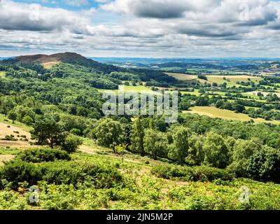 Guardando a sud da Black Hill a Herefordshire Beacon o British Camp nel Malvern Hills AONB Inghilterra Foto Stock