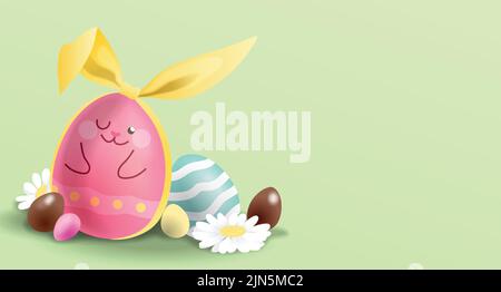 Felice Pasqua saluti illustrazione di sfondo. Colorate uova di cioccolato con nastro con un uovo decorato come un coniglietto pasquale. Illustrazione Vettoriale