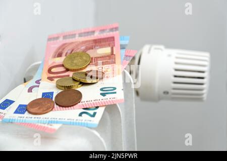 Banconote e monete in euro su un radiatore di riscaldamento, concetto per l'aumento dei prezzi dell'energia e l'inflazione, spazio di copia, fuoco selezionato, profondità di campo stretta Foto Stock