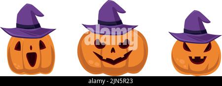 Set festivo 3 pz. zucche di halloween in cappello isolato su sfondo bianco - illustrazione vettoriale Illustrazione Vettoriale