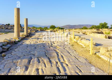 Vista di un'antica strada principale di epoca romana (cardo), nel Parco Nazionale Tzipori, Israele settentrionale Foto Stock