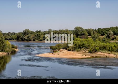 Persone con canoe rilassarsi su un banco di sabbia nel fiume Loira nel dipartimento di Saone e Loira. Francia, Europa Foto Stock