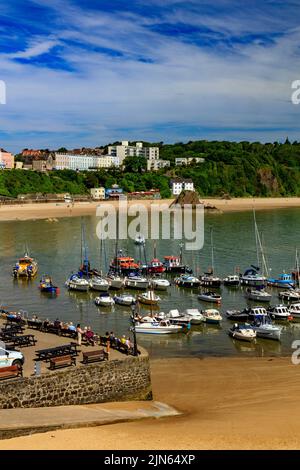 Si affaccia sul pittoresco porto protetto, verso North Beach e Goscar Rock a Tenby, Pembrokeshire, Galles, Regno Unito Foto Stock