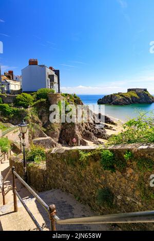 St Catherine's Island e il forte visto dalla scalinata della spiaggia a Tenby, Pembrokeshire, Galles, Regno Unito Foto Stock St Catherine's Island e il forte visto dalla scalinata della spiaggia a Tenby, Pembrokeshire, Galles, Regno Unito Foto Stock