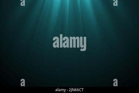 Vector Light Rays in Dark Turquoise Underwater Ocean background. Acque piovose di mare profondo con particelle di polvere di Plankton. I raggi solari illuminano il buio Illustrazione Vettoriale