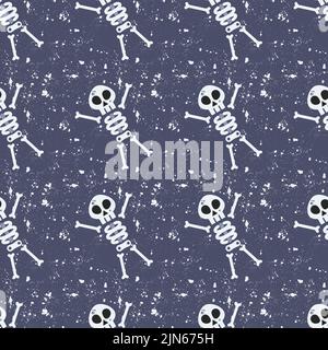 Carino scheletro cartoon motivo senza cuciture. Sfondo alla moda di Halloween. Modello per carta da imballaggio, tessuto, tessuto, carta da parati, t-shirt, marchio, abbigliamento Illustrazione Vettoriale
