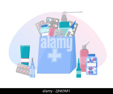 Sacchetto per farmacia con medicinali. Composizione dei prodotti farmaceutici sanitari isolati. Cumulo di medicamenti nel pacchetto shopping. Illustrazione vettoriale piatta. Se Illustrazione Vettoriale