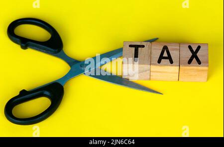 Forbici taglio blocchi di legno con tassa di testo. Concetto di riduzione delle spese fiscali Foto Stock