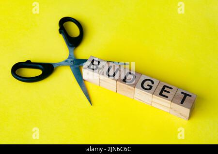 Forbice taglio blocchi di legno con budget di testo. Riduzione del concetto di budget Foto Stock