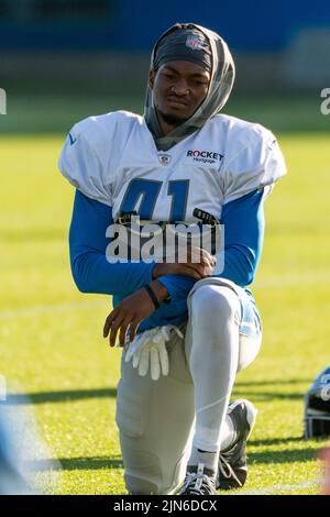 ALLEN PARK, MI - AGOSTO 09: Detroit Lions CB AJ Parker (41) durante il campo di formazione Lions il 9 agosto 2022 presso la Detroiit Lions Training Facility di Allen Park, MI (Foto di Allan Dranberg/CSM) credito: CAL Sport Media/Alamy Live News Foto Stock