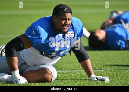 ALLEN PARK, MI - AGOSTO 09: Detroit Lions G Halapoulivaati Vaitai (72) durante il campo di formazione Lions il 9 agosto 2022 presso la Detroiit Lions Training Facility di Allen Park, MI (Foto di Allan Dranberg/CSM) credito: CAL Sport Media/Alamy Live News Foto Stock