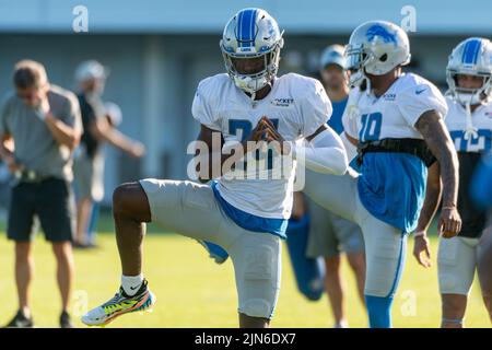 ALLEN PARK, MI - AGOSTO 09: Detroit Lions CB Amani Oruwariye (24) durante il campo di formazione Lions il 9 agosto 2022 presso la Detroiit Lions Training Facility di Allen Park, MI (Foto di Allan Dranberg/CSM) credito: CAL Sport Media/Alamy Live News Foto Stock