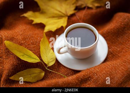 Ancora vita con caffè nero in una tazza bianca che si erge su un caldo maglione intimo, vista dall'alto, decorazioni con foglie gialle sullo sfondo Foto Stock