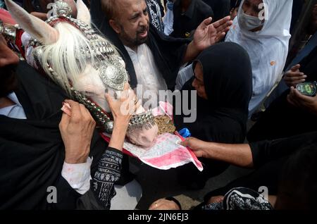 Peshawar, Khyber Pakhtunkhwa, Pakistan. 8th ago 2022. I musulmani sciiti si flagellano durante la processione dell'Ashura Day a Peshawar, Pakistan, 08 agosto 2022. I musulmani sciiti osservano il mese santo di Muharram, il cui culmine è il festival Ashura che commemora il martirio di Imam Hussein, nipote del profeta Maometto, nella battaglia della città irachena di Karbala nel settimo secolo. (Credit Image: © Hussain Ali/Pacific Press via ZUMA Press Wire) Foto Stock