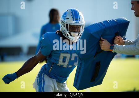 ALLEN PARK, MI - AGOSTO 09: Detroit Lions WR Kalil Pimpleton (83) durante il campo di formazione Lions il 9 agosto 2022 presso la Detroiit Lions Training Facility di Allen Park, MI (Foto di Allan Dranberg/CSM) credito: CAL Sport Media/Alamy Live News Foto Stock