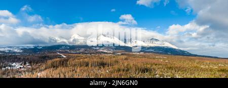 Vista panoramica aerea del gruppo montuoso degli alti Tatra (Vysoke Tatry in lingua locale), parco naturale nazionale della Slovacchia. Inverno e neve. Foto Stock