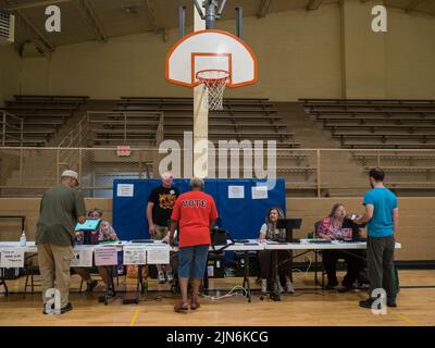 Racine, Wisconsin, Stati Uniti. 9th ago 2022. Gli elettori si iscrivono prima di ricevere i voti il giorno della Primary Day. (Credit Image: © sue Dorfman/ZUMA Press Wire) Credit: ZUMA Press, Inc./Alamy Live News Foto Stock