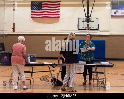 Racine, Wisconsin, Stati Uniti. 9th ago 2022. Un elettore riceve il suo voto e si dirigerà poi alla cabina di voto per votare. (Credit Image: © sue Dorfman/ZUMA Press Wire) Credit: ZUMA Press, Inc./Alamy Live News Foto Stock